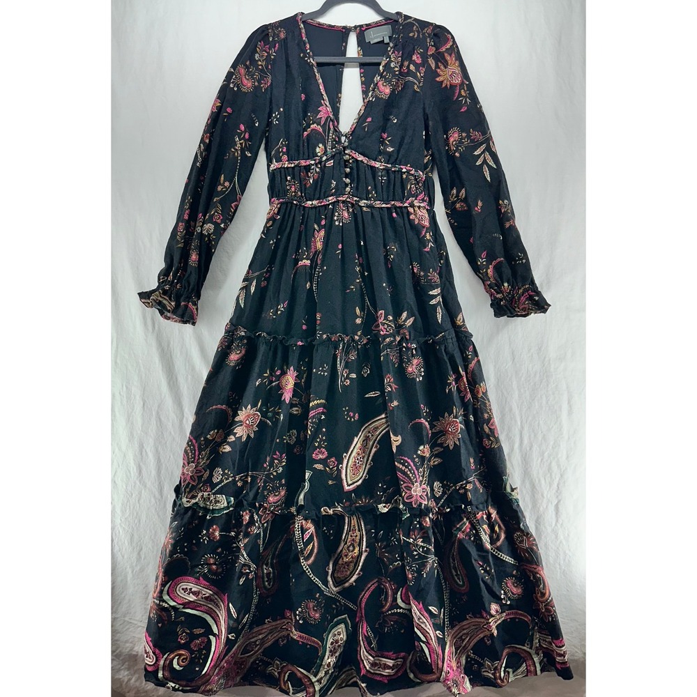 by Anthropologie Black Paisley Floral Tiered Maxi Dress Open Back Long Sleeve 8